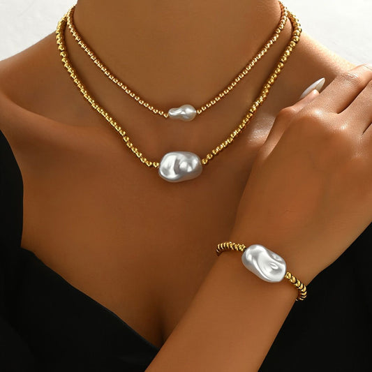 14K Golden Beaded Pearl  Necklace And Bracelet Set